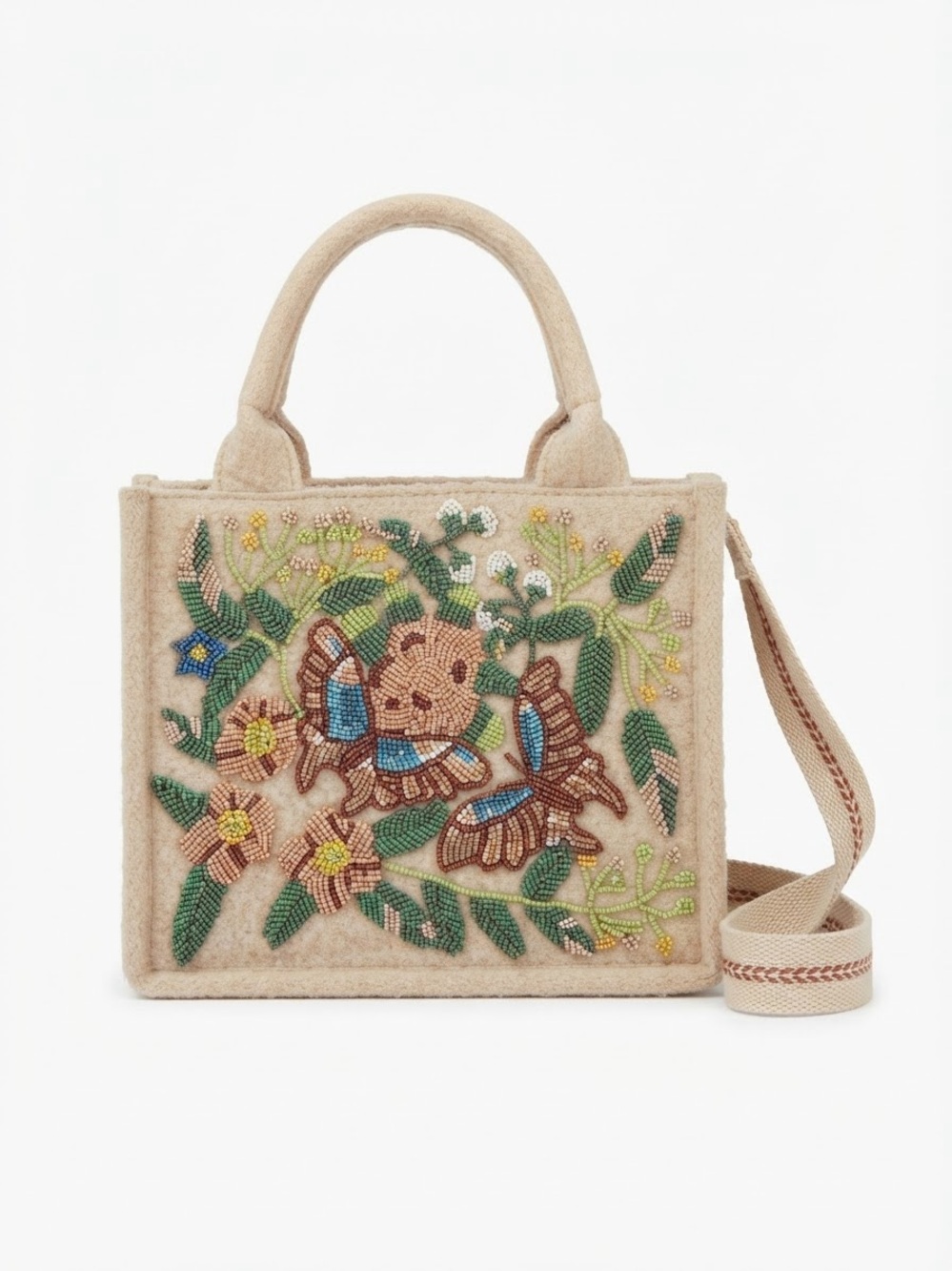 America & Beyond Beaded Butterfly Floral Canvas Felt Mini Tote Crossbody Boho
